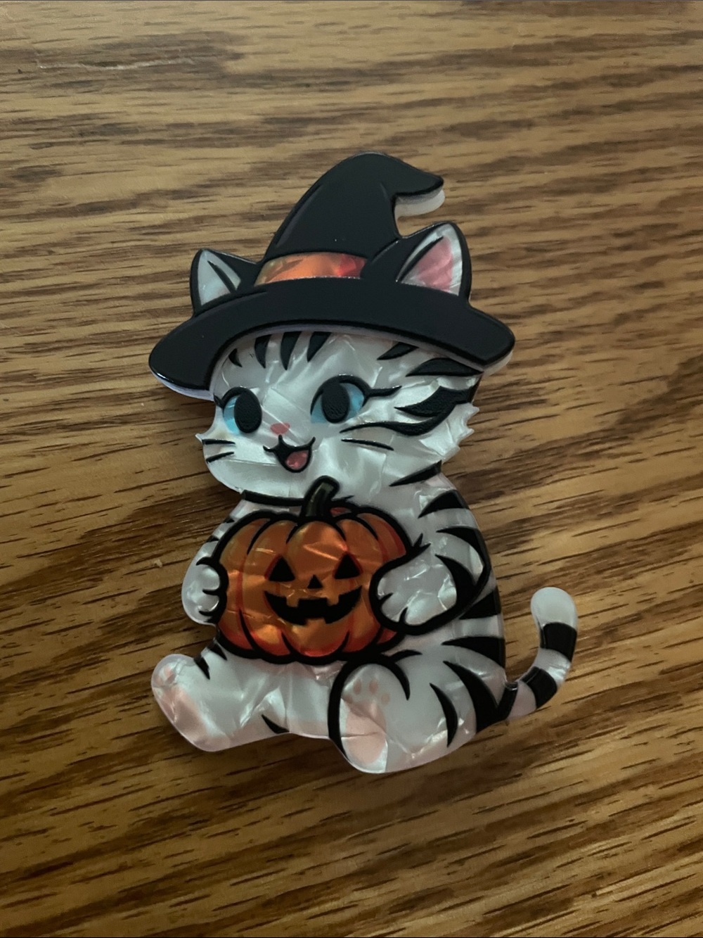Halloween Cat Pin/Brooch - Black & White Kitty with Orange Pumpkin